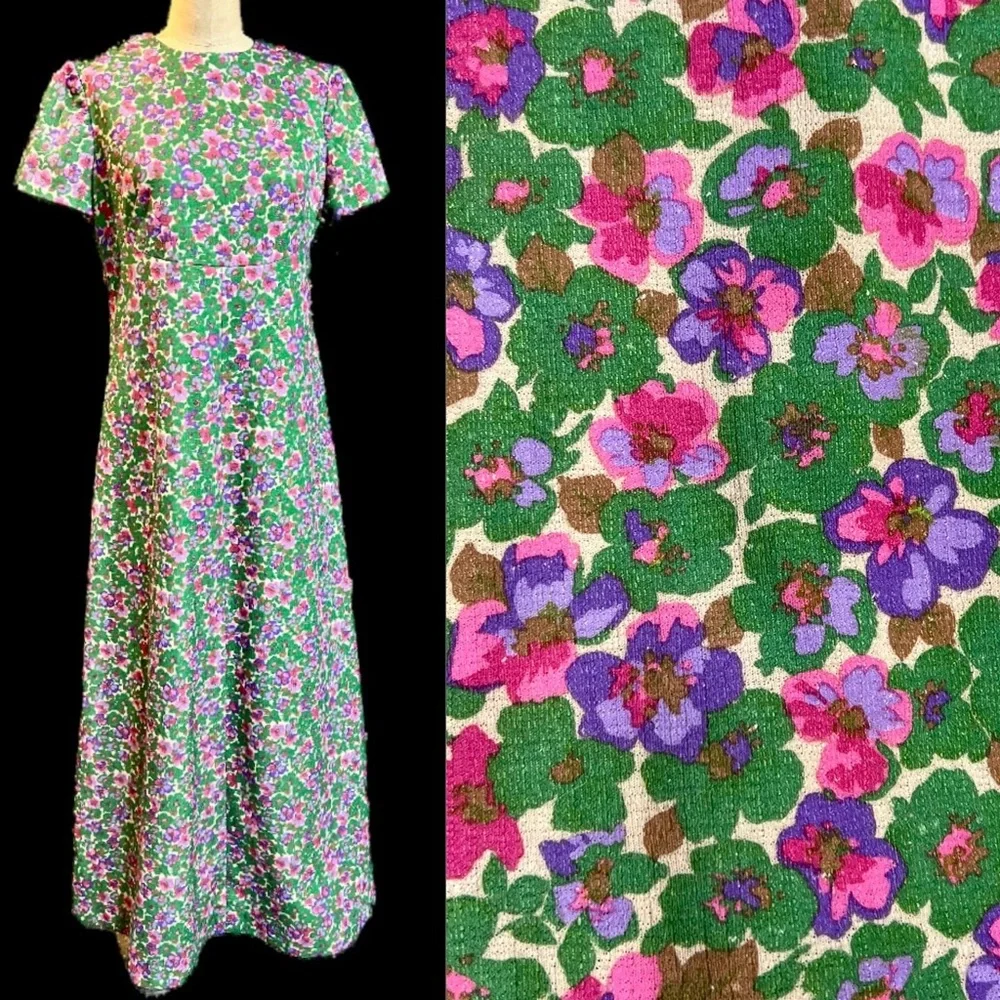 VINTAGE Flower Power‎ bold psychedelic floral long maxi dress gown polyester 60s